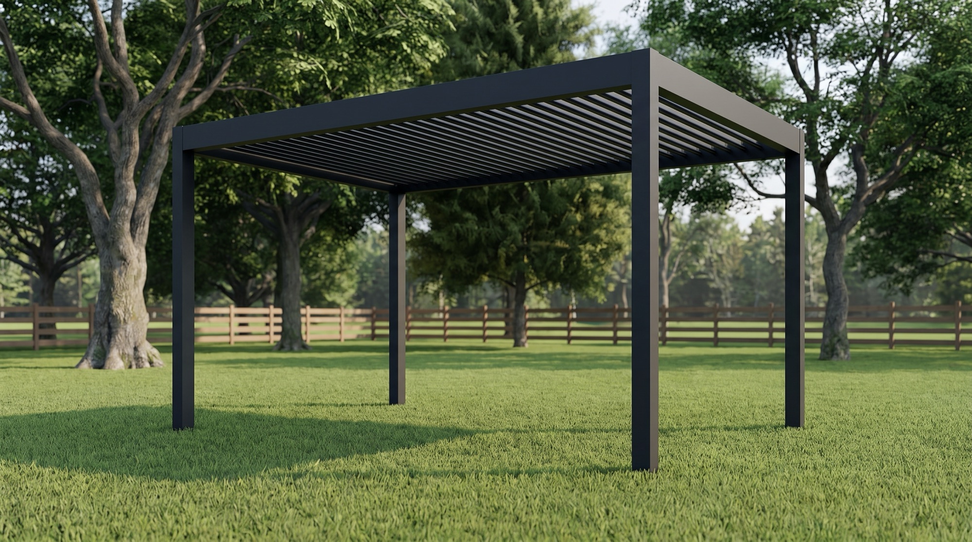 Four-post dark louvered pergola viewed from an angle