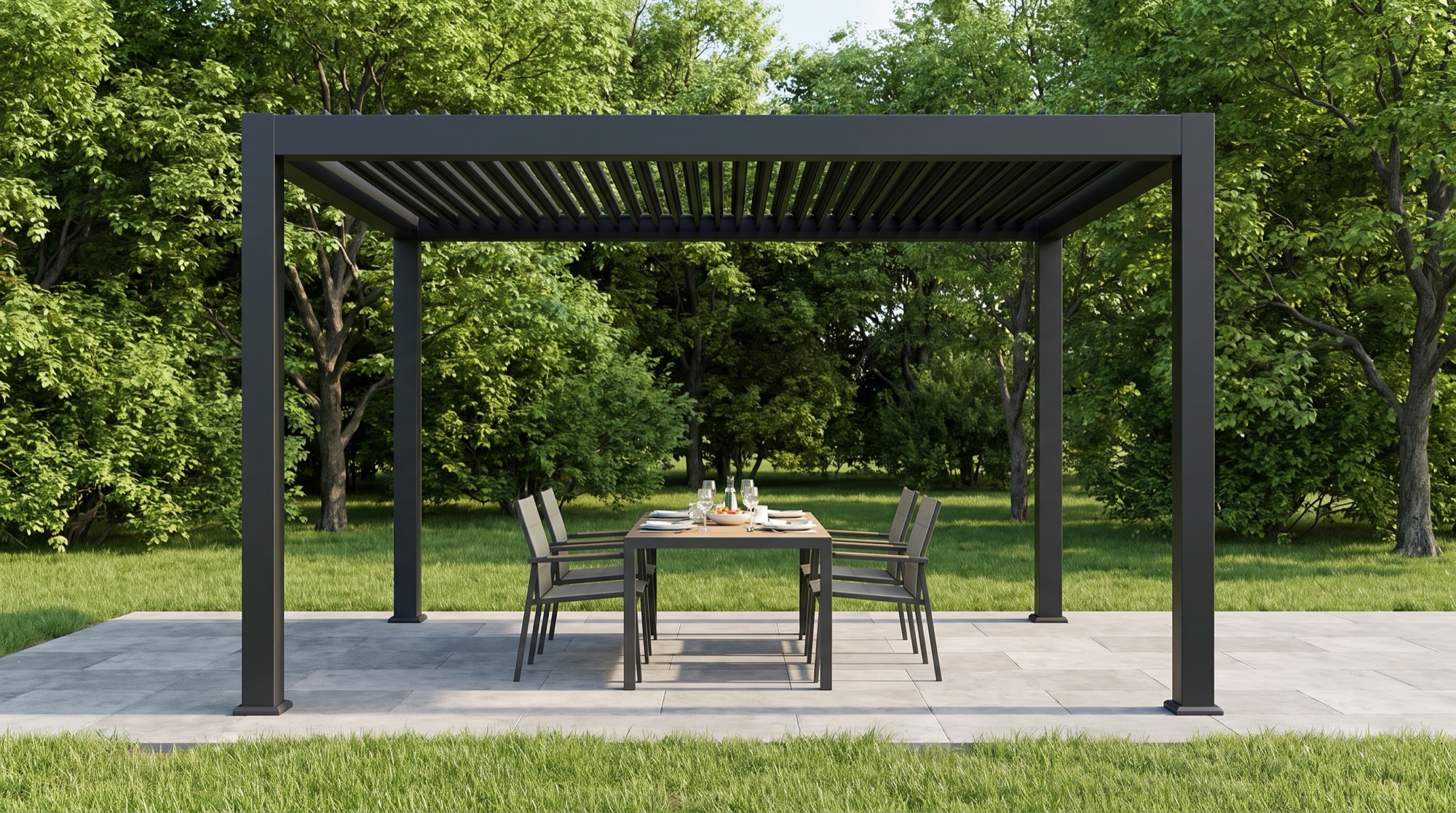 Dark aluminum louvered pergola in an outdoor setting
