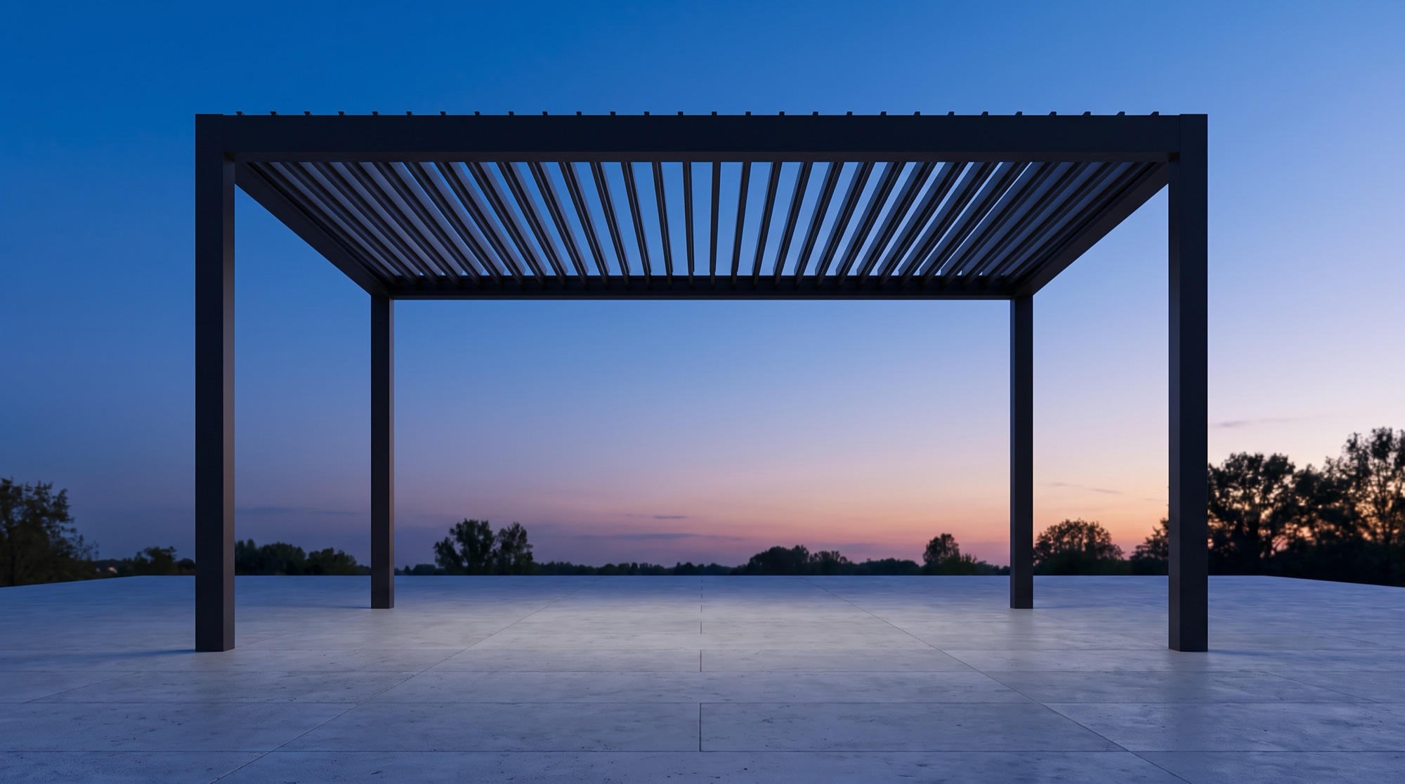 Louvered pergola at dusk